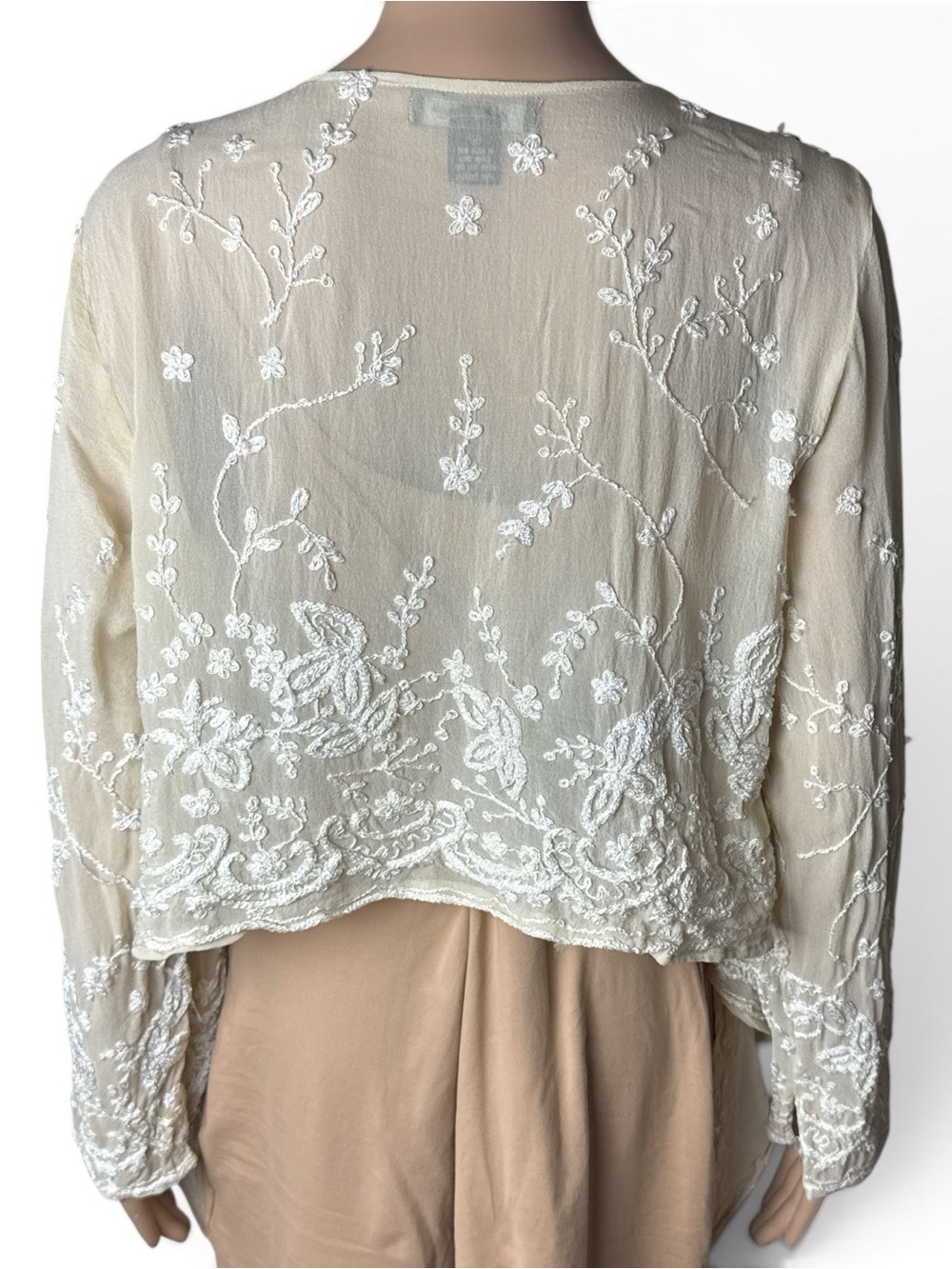 Vintage Karen Kane 100% Silk Embroidered Shrug Cardigan Sheer Boho Lagenlook Y2K - Picture 3 of 11